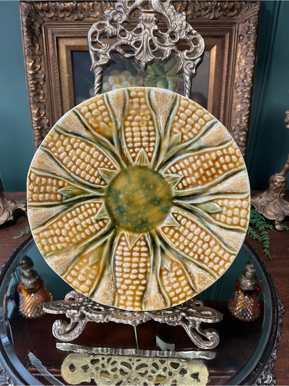Corn on the cob majolica plate